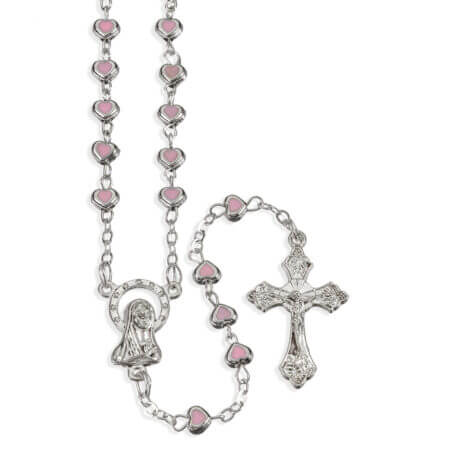 4mm Pink Epoxied Heart Shaped Rosary in a Heart Shaped Box 16" Quantity of 10