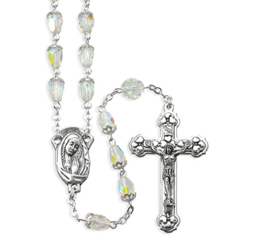 7 x 9mm Faceted Crystal Aurora Borealis Tear Drop Bead Rosary