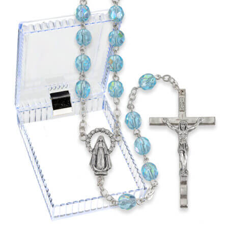 7mm Aqua Crystal Aurora Borealis Rosary in a Plastic Hinged Box 21" Quantity of 10