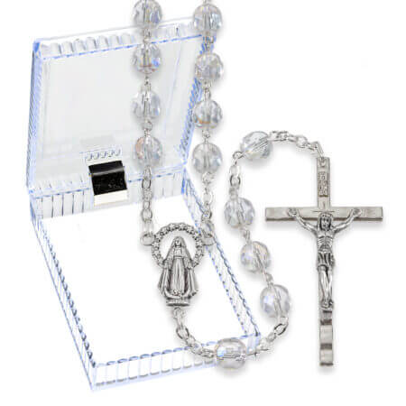 7mm Clear Crystal Aurora Borealis Rosary in a Plastic Hinged Box 21 1/4" Quantity of 10