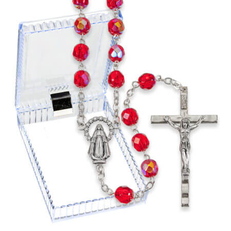7mm Ruby Crystal Aurora Borealis Rosary in a Plastic Hinged Box 21 1/4" Quantity of 10