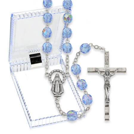 7mm Sapphire Crystal Aurora Borealis Rosary in a Plastic Hinged Box 20 3/4" Quantity of 10