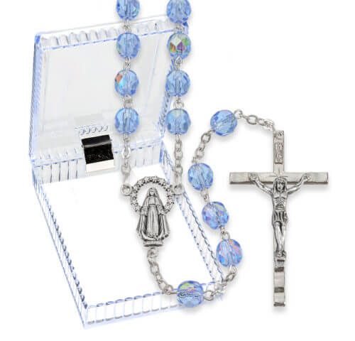 7mm Sapphire Crystal Aurora Borealis Rosary in a Plastic Hinged Box 20 3/4" Quantity of 10