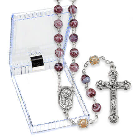 6mm Amethyst Purple Swirl and Capped Pearl Glass Bead Rosary Boxed 19" Quantity of 10