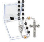 6mm Black Round Glass Bead Rosary with Capped Pearl Pater Beads Boxed 18 3/4" Quantity of 10