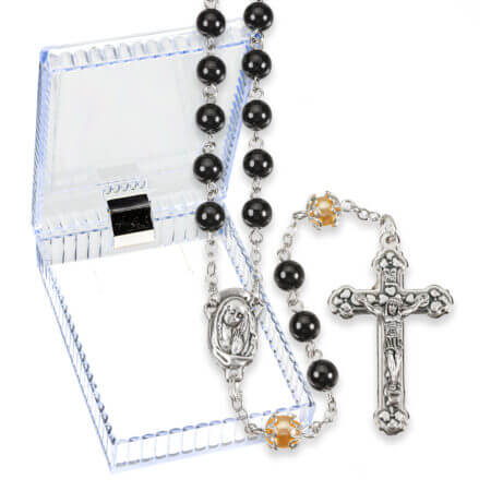 6mm Black Round Glass Bead Rosary with Capped Pearl Pater Beads Boxed 18 3/4" Quantity of 10