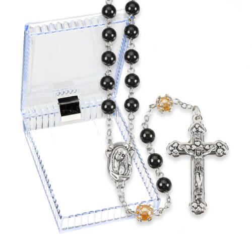 6mm Black Round Glass Bead Rosary with Capped Pearl Pater Beads Boxed 18 3/4" Quantity of 10