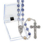 6mm Blue Swirl and Capped Pearl Glass Pater Bead Rosary Boxed 19 1/2" Quantity of 10