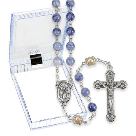 6mm Blue Swirl and Capped Pearl Glass Pater Bead Rosary Boxed 19 1/2" Quantity of 10