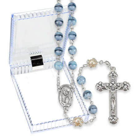 6mm Grey Swirl and Capped Pearl Pater Bead Rosary Boxed 19 1/4" Quantity of 10