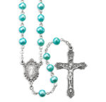 6mm Light Blue Freshwater Pearl Bead Rosary in Grey Velvet Box