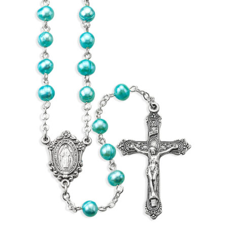 6mm Light Blue Freshwater Pearl Bead Rosary in Grey Velvet Box