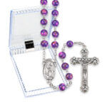 7mm Amethyst Mosaic Glass Bead Rosary with Silver Oxidized Centerpiece and Crucifix Boxed. 21" Quantity of 10
