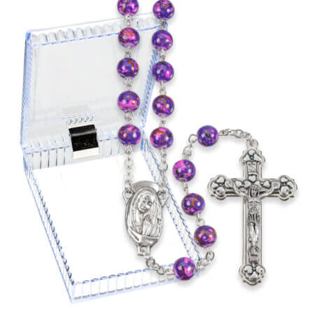 7mm Amethyst Mosaic Glass Bead Rosary with Silver Oxidized Centerpiece and Crucifix Boxed. 21" Quantity of 10