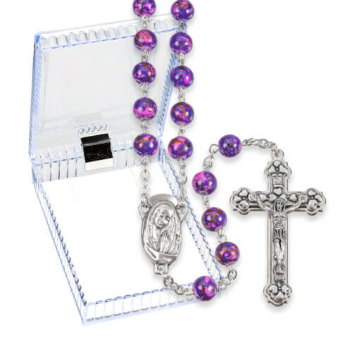 7mm Amethyst Mosaic Glass Bead Rosary with Silver Oxidized Centerpiece and Crucifix Boxed. 21" Quantity of 10