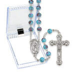 7mm Aqua Mosaic Glass Bead Rosary with Silver Oxidized Centerpiece and Crucifix Boxed. 19" Quantity of 10