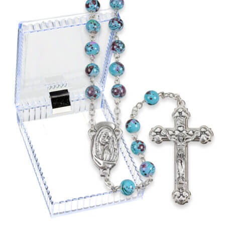 7mm Aqua Mosaic Glass Bead Rosary with Silver Oxidized Centerpiece and Crucifix Boxed. 19" Quantity of 10