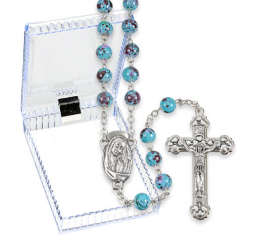 7mm Aqua Mosaic Glass Bead Rosary with Silver Oxidized Centerpiece and Crucifix Boxed. 19" Quantity of 10