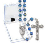 7mm Blue Mosaic Glass Bead Rosary with Silver Oxidized Centerpiece and Crucifix Boxed 21" Quantity of 10