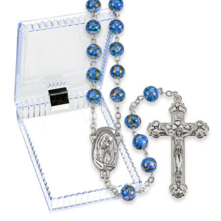 7mm Blue Mosaic Glass Bead Rosary with Silver Oxidized Centerpiece and Crucifix Boxed 21" Quantity of 10