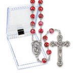 7mm Red Mosaic Glass Bead Rosary with Silver Oxidized Centerpiece and Crucifix Boxed. Quantity of 10