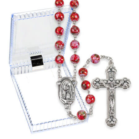 7mm Red Mosaic Glass Bead Rosary with Silver Oxidized Centerpiece and Crucifix Boxed. Quantity of 10