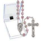 7mm White and Pink Mosaic Glass Bead Rosary with Silver Oxidized Centerpiece and Crucifix Boxed. 19 1/4" Quantity of 10
