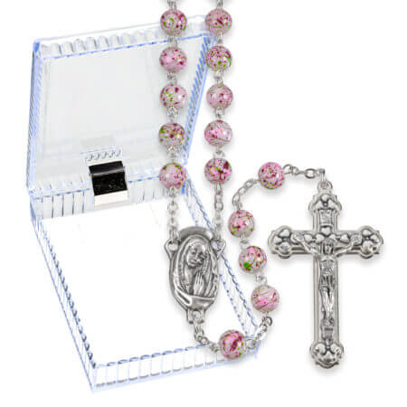 7mm White and Pink Mosaic Glass Bead Rosary with Silver Oxidized Centerpiece and Crucifix Boxed. 19 1/4" Quantity of 10