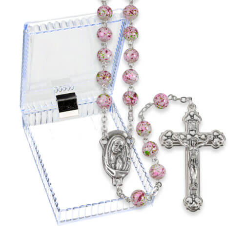7mm White and Pink Mosaic Glass Bead Rosary with Silver Oxidized Centerpiece and Crucifix Boxed. 19 1/4" Quantity of 10