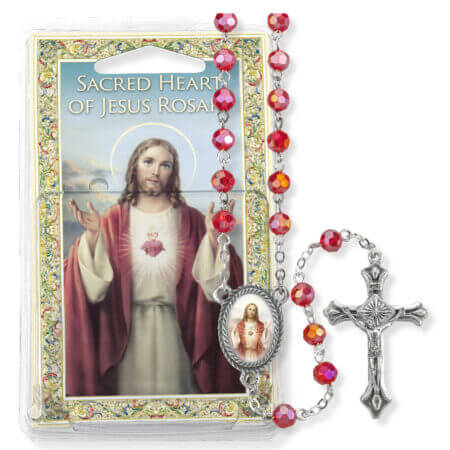 Red Crystal Bead Sacred Heart of Jesus Specialty Rosary Boxed