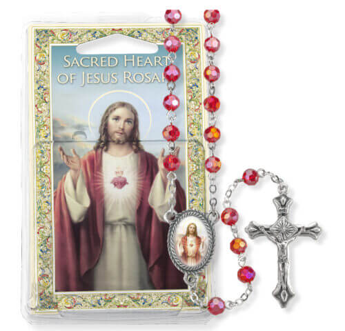 Red Crystal Bead Sacred Heart of Jesus Specialty Rosary Boxed