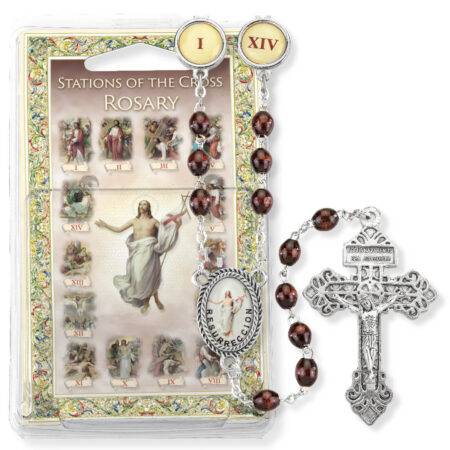 Stations of the Cross Brown Wood 6x9mm Oval Bead Specialty Rosary – Enameled Center – Window Box