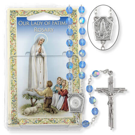 Sapphire Bead Our Lady of Fatima Water Specialty Rosary Boxed