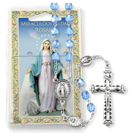 Sapphire Bead Miraculous Medal Specialty Rosary Boxed