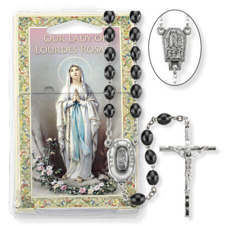 Black Wood Bead Lourdes Water Specialty Rosary Boxed