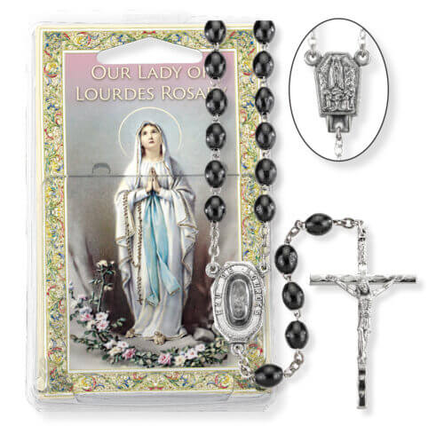 Black Wood Bead Lourdes Water Specialty Rosary Boxed