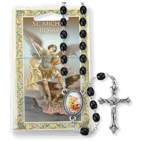 Black Wood Bead Saint Michael Specialty Rosary Boxed