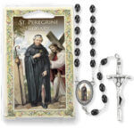 Black Wood Bead Saint Peregrine Specialty Rosary Boxed