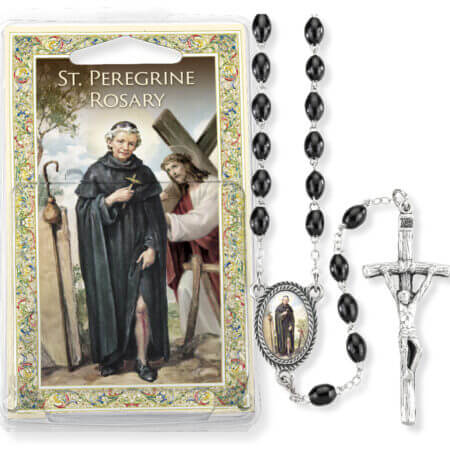 Black Wood Bead Saint Peregrine Specialty Rosary Boxed