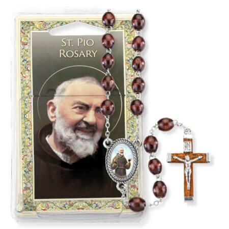 Brown Wood Bead Saint Padre Pio Specialty Rosary Boxed