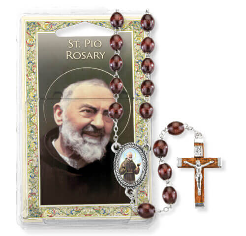 Brown Wood Bead Saint Padre Pio Specialty Rosary Boxed