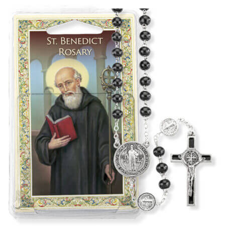 Black Wood Bead Saint Benedict Specialty Rosary Boxed Quantity of 10
