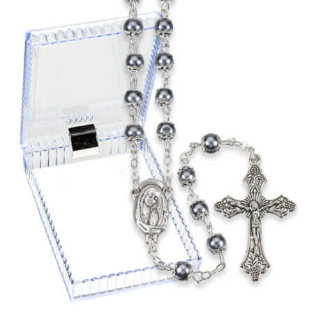 5mm Hematite Capped Imitation Pearl Glass Bead Rosary Boxed 18 1/4" Quantity of 10