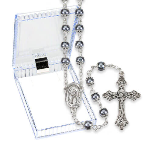 5mm Hematite Capped Imitation Pearl Glass Bead Rosary Boxed 18 1/4" Quantity of 10
