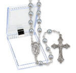 5mm Light Blue Capped Imitation Pearl Glass Bead Rosary Boxed 19" Quantity of 10