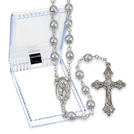5mm Light Blue Capped Imitation Pearl Glass Bead Rosary Boxed 19" Quantity of 10