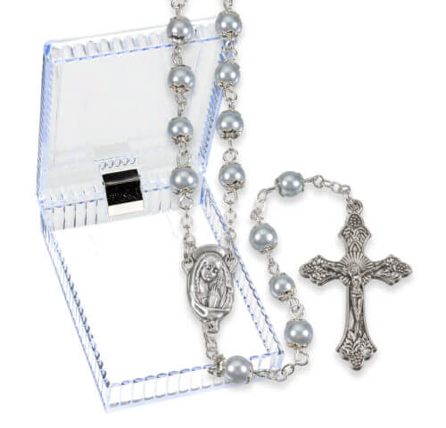 5mm Light Blue Capped Imitation Pearl Glass Bead Rosary Boxed 19" Quantity of 10