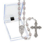 5mm Pink Capped Imitation Pearl Glass Bead Rosary with Center and Cross Boxed 18 1/2" Quantity of 10
