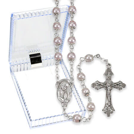 5mm Pink Capped Imitation Pearl Glass Bead Rosary with Center and Cross Boxed 18 1/2" Quantity of 10