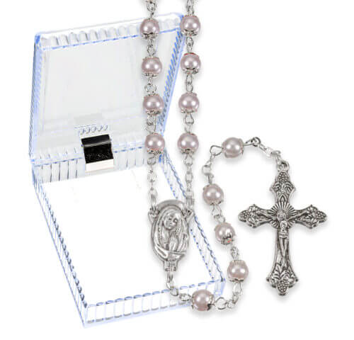 5mm Pink Capped Imitation Pearl Glass Bead Rosary with Center and Cross Boxed 18 1/2" Quantity of 10